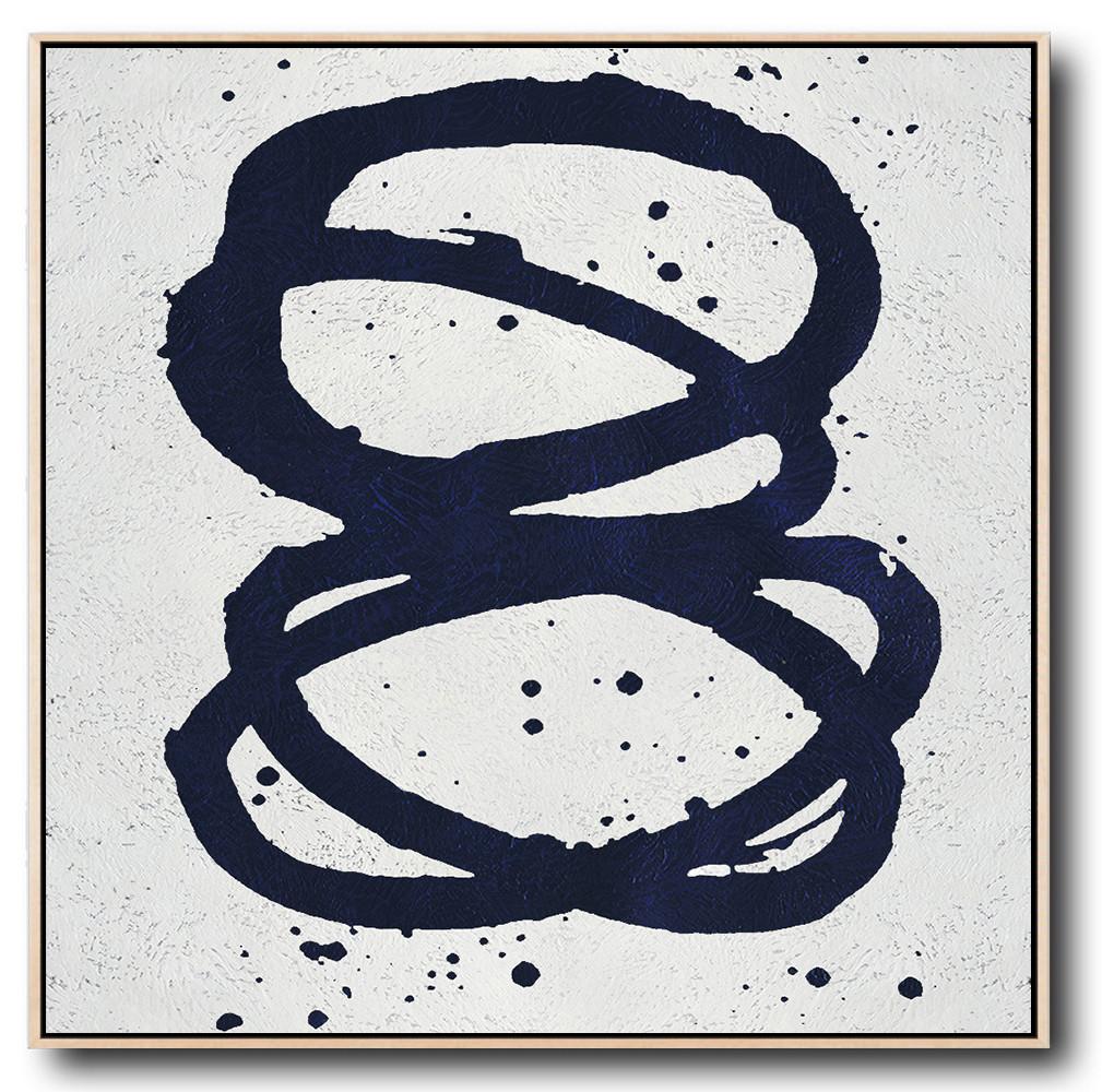 Huge Abstract Painting On Canvas,Minimalist Navy Blue And White Painting,Modern Abstract Wall Art